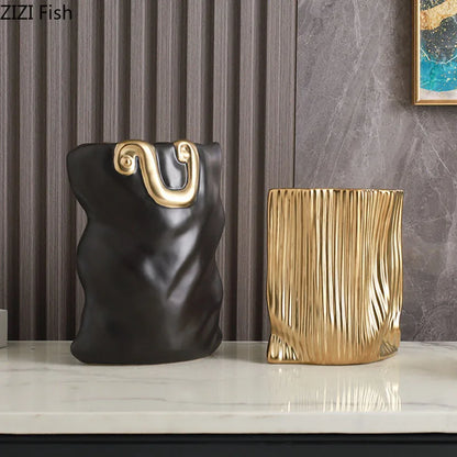 DecorBites™ Ceramic Bag Vase with Artificial Flowers for Modern Home Decor