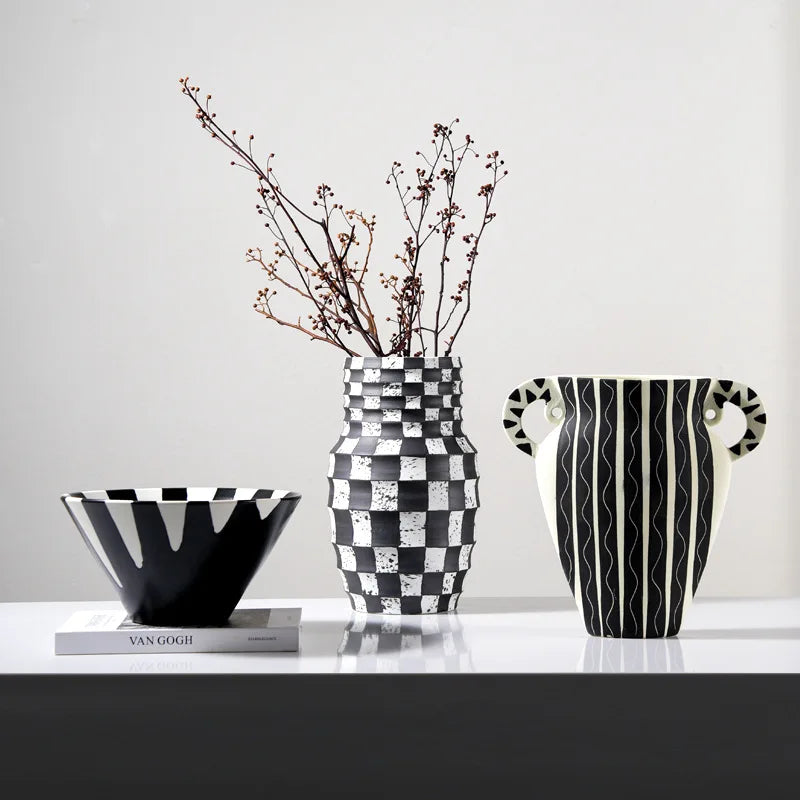 DecorBites™ Black Check Geometric Striped Ceramic Vase - Handcrafted Floral Arrangement Pot