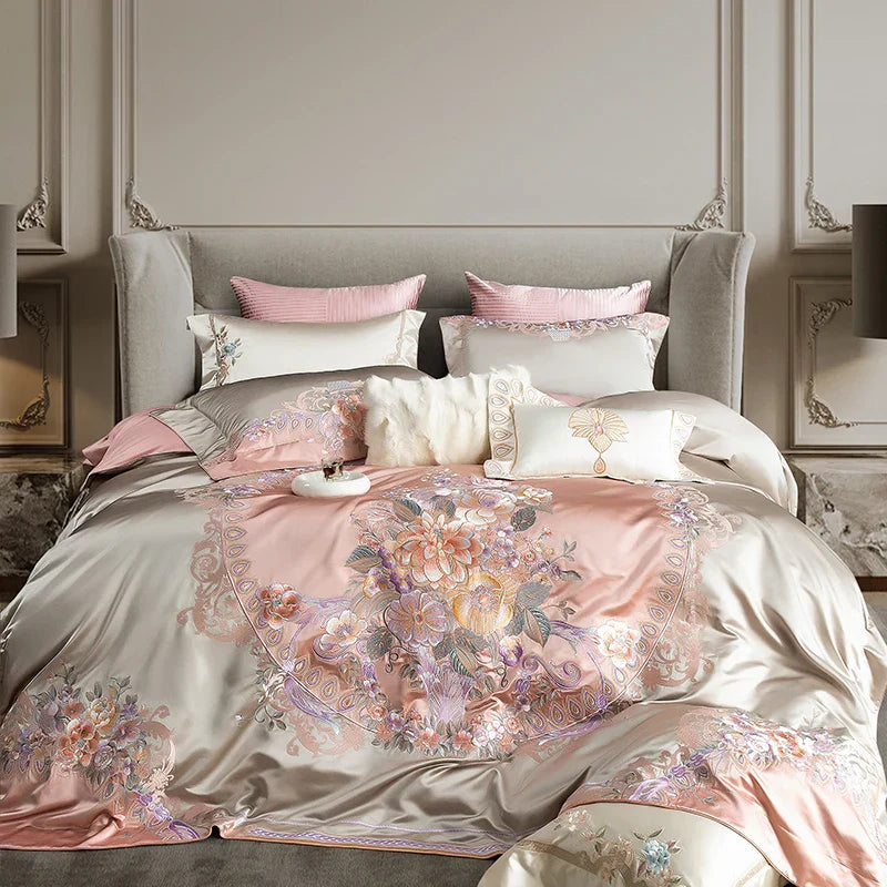 Decobites European Palace Style Flowers Embroidery Bedding Set - Duvet Cover, Sheet, Pillowcase