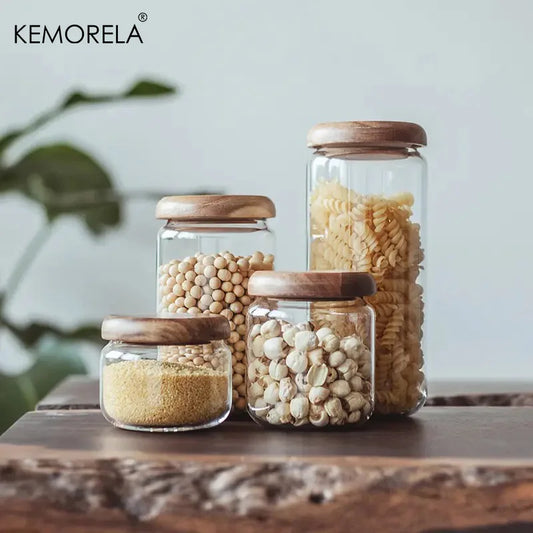 DecorBites™ Acacia Wood Lid Glass Food Storage Container - Elegant and Functional Kitchen Jar