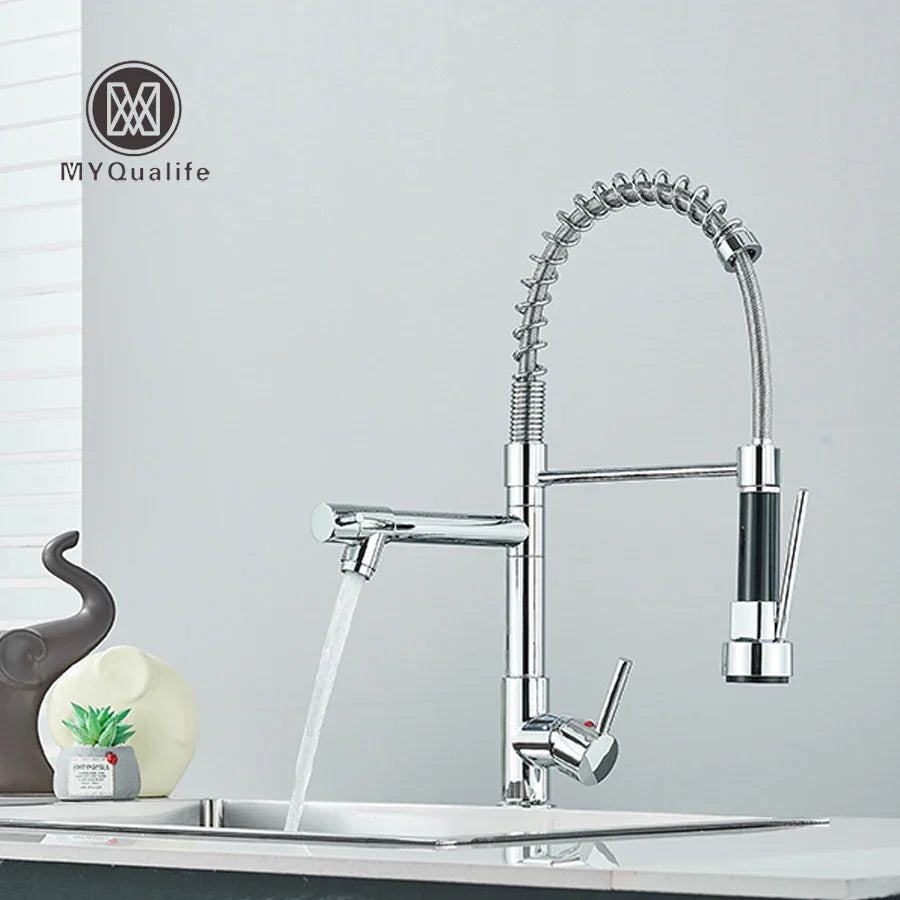 DecorBites™ Dual Spout Brass Kitchen Sink Faucet with 360° Rotation - Chrome