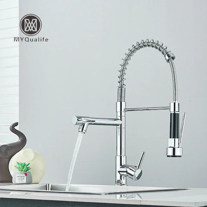 DecorBites™ Dual Spout Brass Kitchen Sink Faucet with 360° Rotation - Chrome