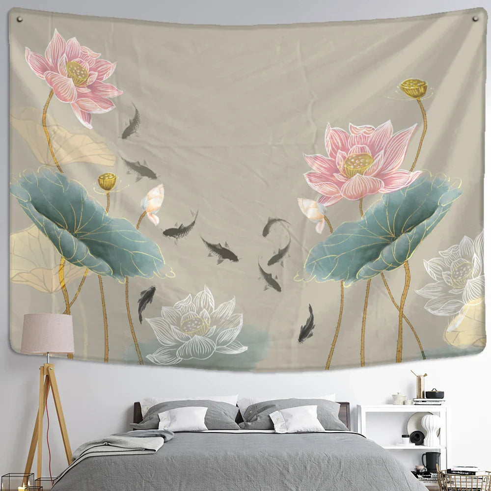 Decorbites™ Koi-Lotus-Tinten-Gobelin-Wandbehang – Bohème-Ästhetik für die Hausdekoration