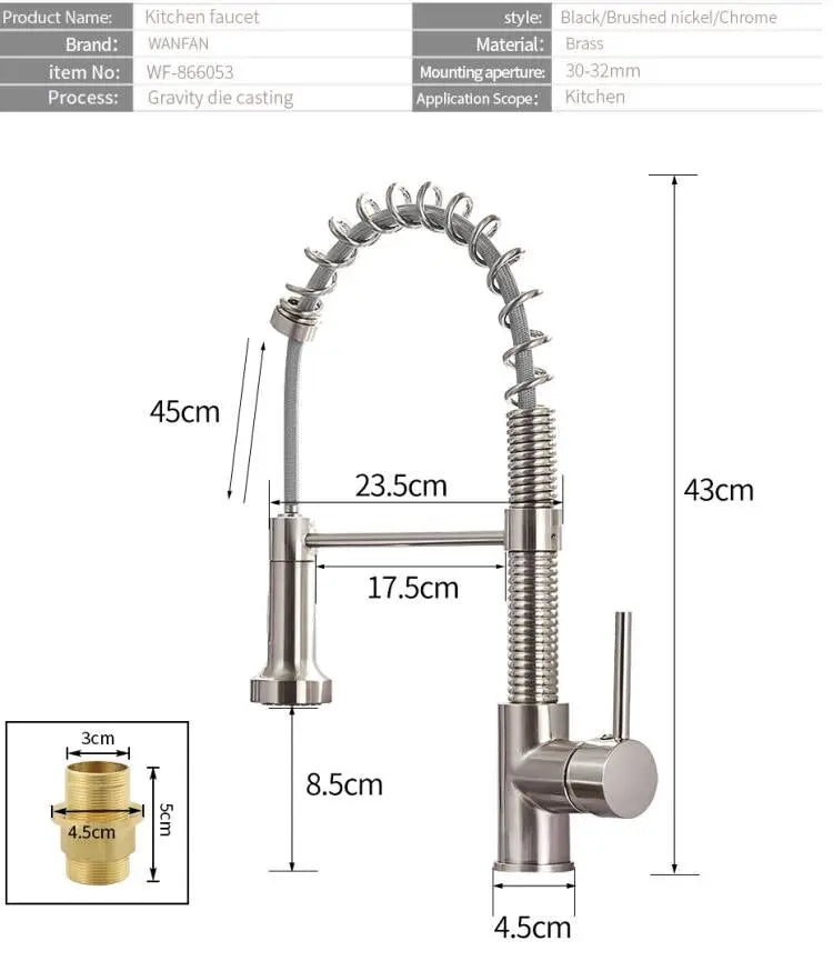 DecorBites™ Brush Brass Kitchen Faucet Single Lever Pull Out Spring Spout Mixer Tap