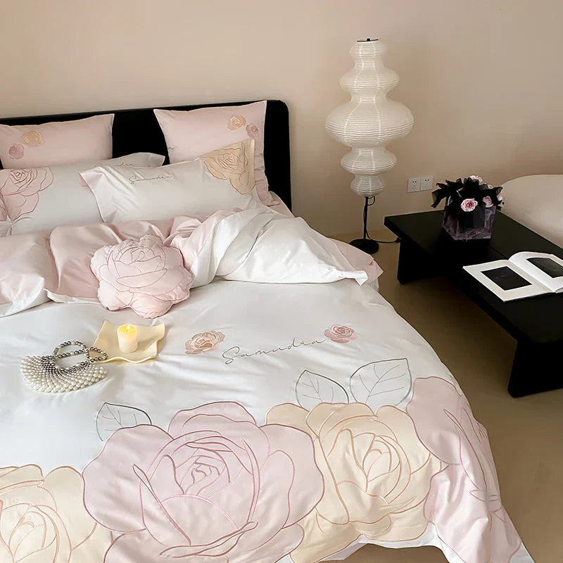 Decobites Luxury Rose Flowers Embroidery Bedding Set 1000TC Egyptian Cotton Duvet Cover Set