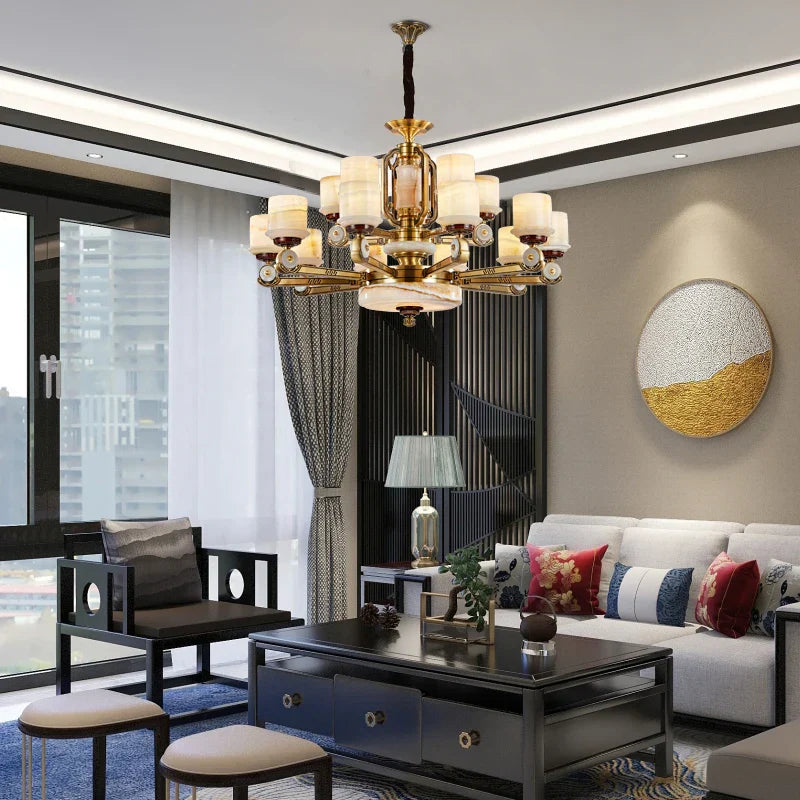 ثريا ديكوربايتس™ المصنوعة بالكامل من النحاس واليشم، على الطراز الصيني الحديث لغرفة المعيشة وغرفة النوم وغرفة الطعام.