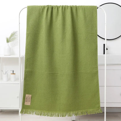 DecorBites™ Geometric Tassel Bath Towel - 100% Cotton, Quick-Dry, Multi-colored Waffle Design - 90x180cm