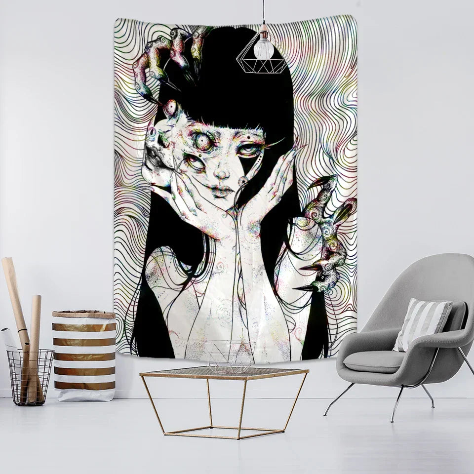 Decobites Mysterious Horror Anime Tapestry | Kawaii Room Decor Art Illustration