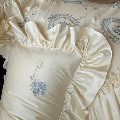 Decobites Rustic Rose Embroidery Bedding Set with Pleated Ruffles in Egyptian Cotton