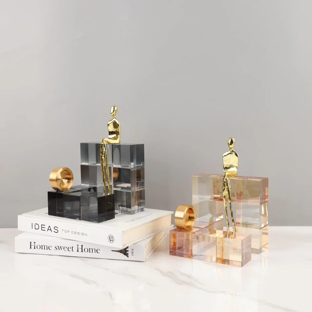 ديكوربايتس™ - زينة درج هندسية من الكريستال، منحوتة معدنية ذهبية