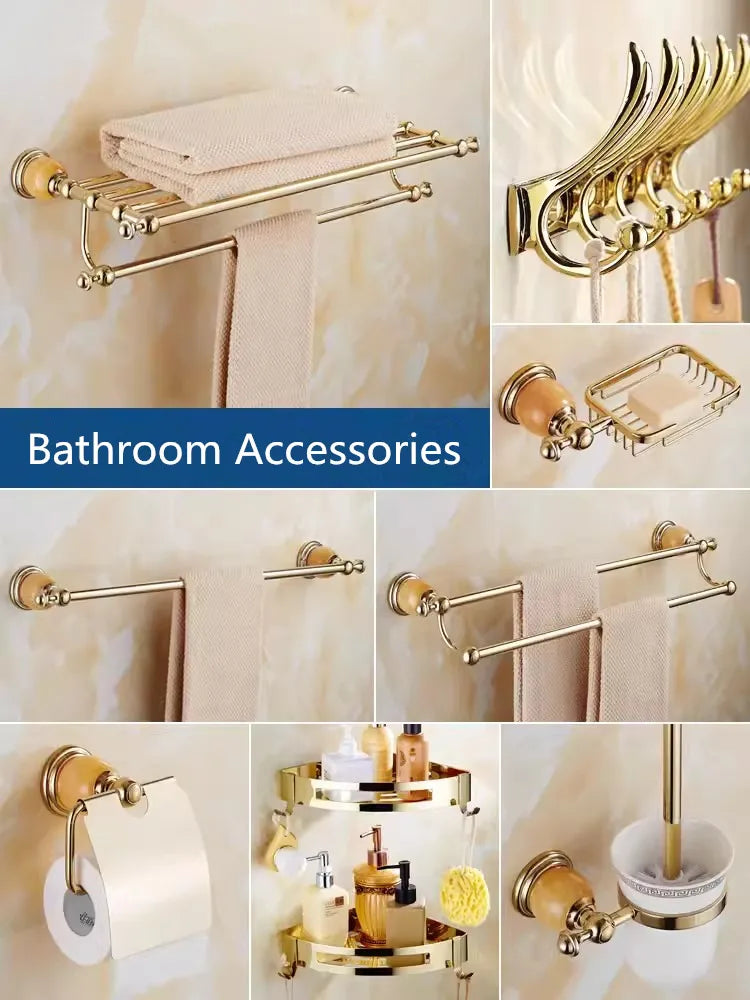 DecorBites™ Brass Jade Bathroom Accessories Set: Towel Bar, Soap Holder, Towel Rack, Glass Shelf
