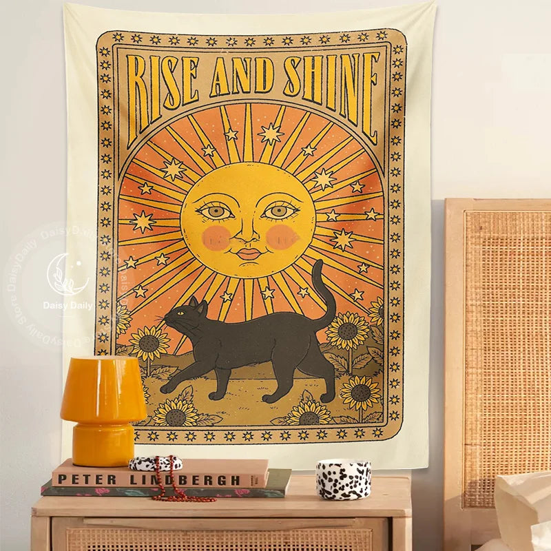 Sun Cat Tarot Tapestry by Decobites: Vintage Boho Wall Art for Witchcraft and Hippie Decor