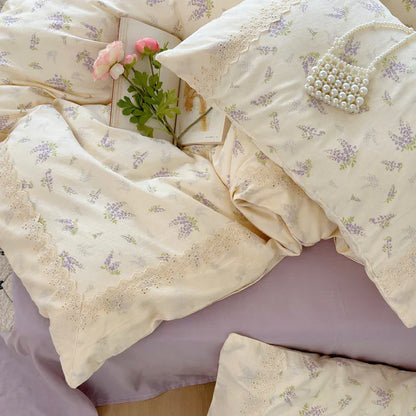 DecorBites™ Lavender Lace Bedding Set: Single Queen Size Duvet, Sheet, Pillowcases