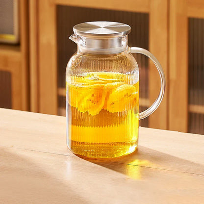 DecorBites™ Glass Cold Water Kettle Set: Transparent Stripe Design, Stainless Steel Lid, 1.6L Capacity