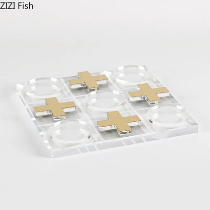 DecorBites™ Acrylic Tic-Tac-Toe Chessboard Set: Geometric Artwork Ornaments & Chess Pieces