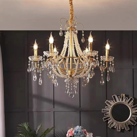 DecorBites™ Gold Crystal Pearl Chandelier LED Pendant Lights Luxe Living Room Decor
