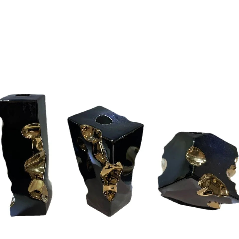 Jarrón de cerámica DecorBites™ Golden Notch con diseño geométrico cuadrado, accesorio de decoración para el hogar