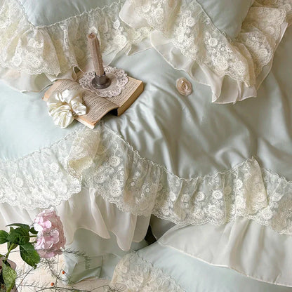 Decobites Princess Wedding Luxury Bedding Set 1200TC Egyptian Cotton Lace Ruffles Flowers Embroidery