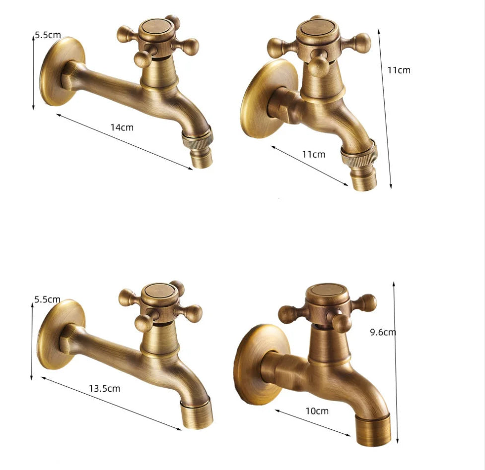 Antique Brass Outdoor Faucet Garden Bibcock Tap Wall Mount Bathroom Washing Machine Faucet Single Cold Mop Tap