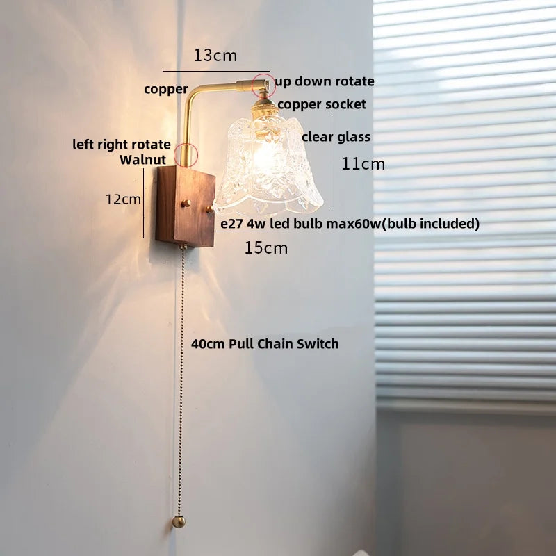 DecorBites™ Clear Glass LED Wall Light Walnut Bedside Lamp Modern Rotatable Brass Wall Lights