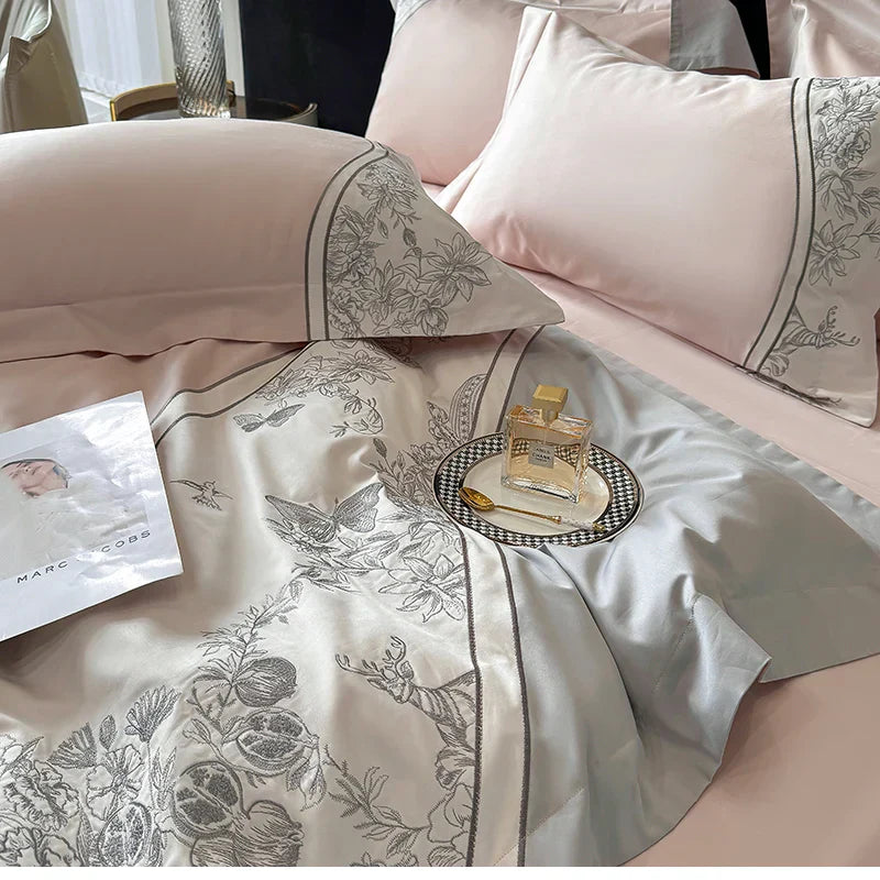 Juego de Ropa de Cama Decorbites™ Luxe con Bordado de Flores de Mariposa, Incluye Cubrecama, Sábana y Fundas de Almohada, 4 Piezas