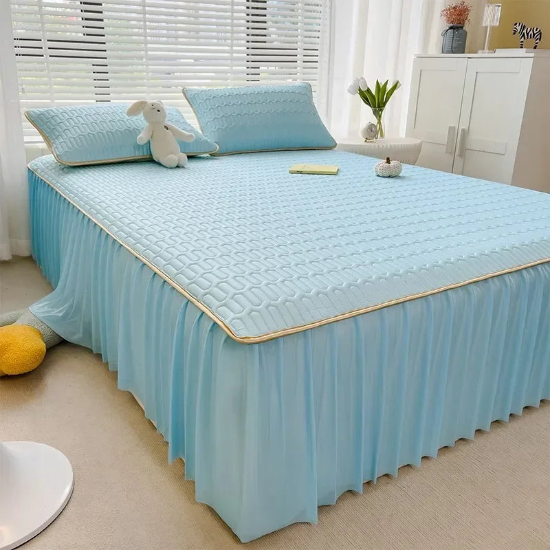 DecorBites™ Cool Fabric Latex Bed Skirt Set: Solid Color Summer Mat with Elastic Band