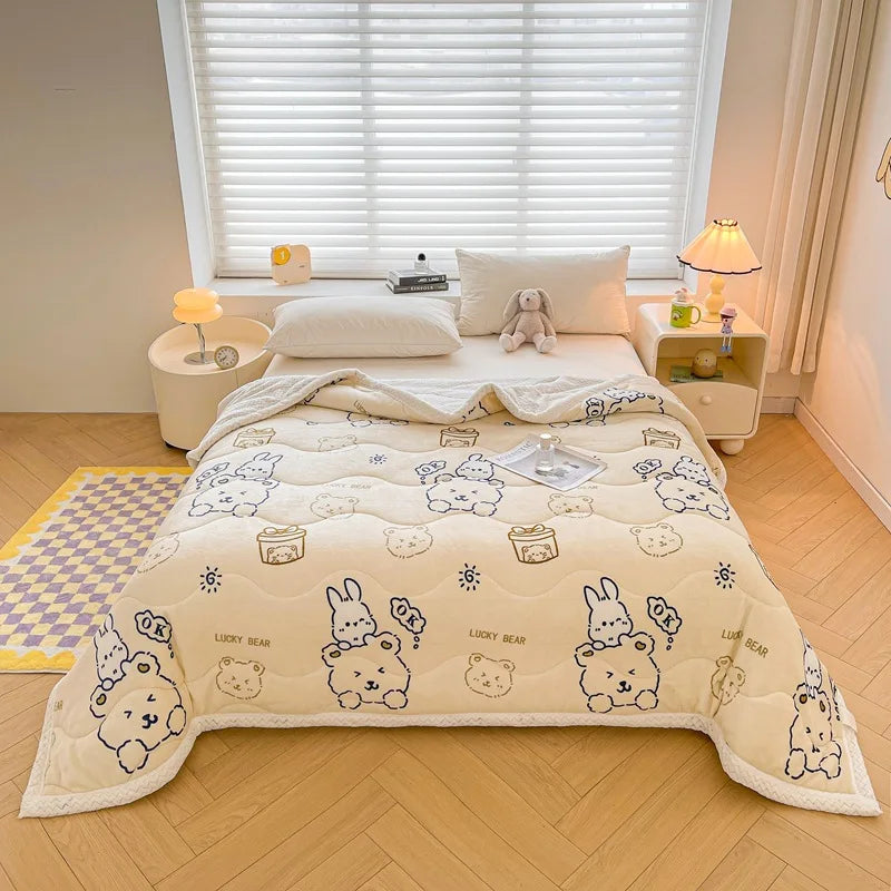 DecorBites™ Cartoon Print Three-Layer Velvet Blanket for Cozy Winter Bedding