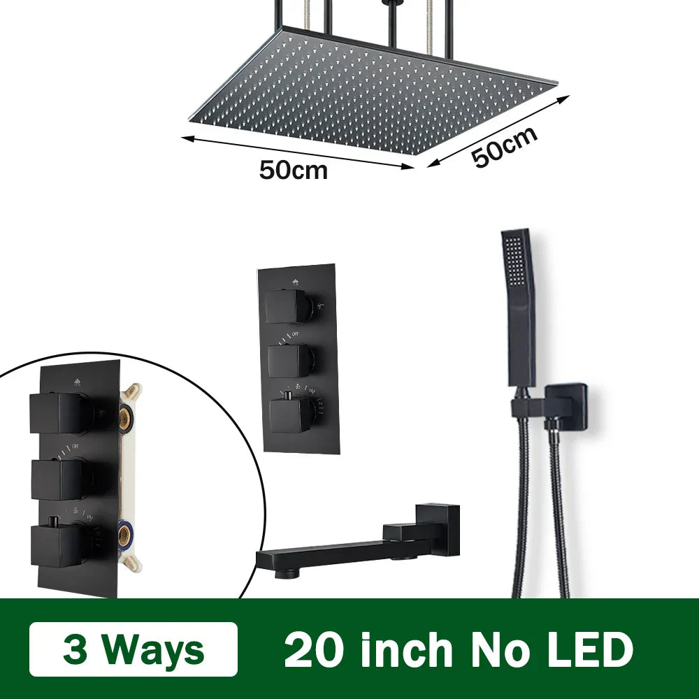 DecorBites™ Black Brass Thermostatic Shower Faucet with Ceiling Rainfall Shower Head