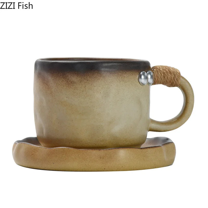 DecorBites™ Coarse Pottery Cup & Saucer Set - Classical Mugs for Dining Table or Coffee
