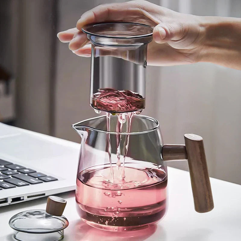 DecorBites™ Glass Tea Pot with Wooden Handle - Heat Resistant, Chinese Kung Fu Tea Set