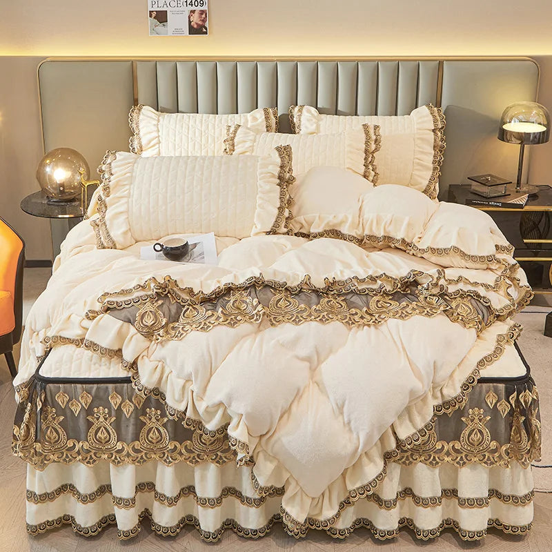 Decobites Velvet Bedding Set with Gold Lace Ruffles, Removable Bed Skirt & Pillowcase