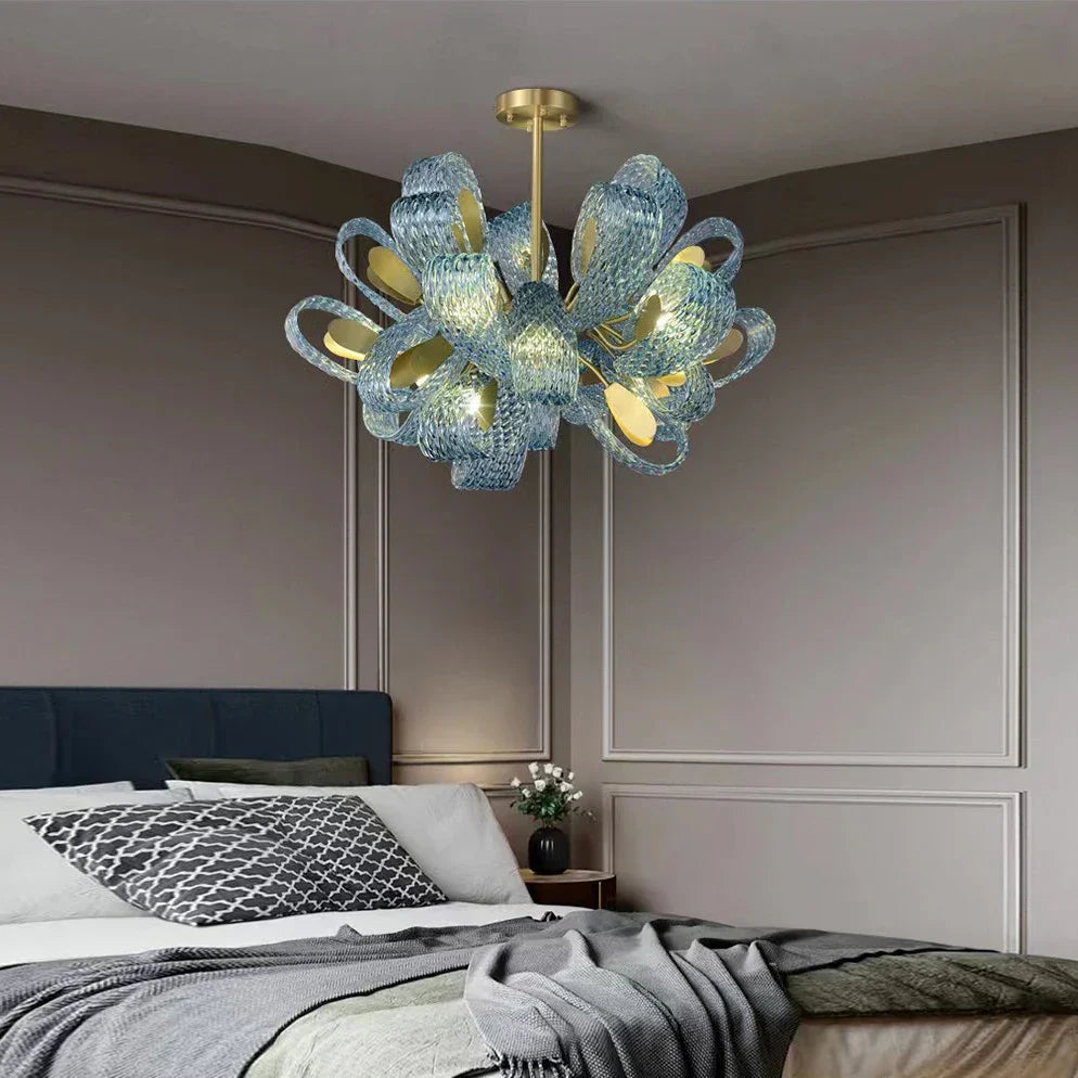 DecorBites™ LED Art Deco Blue Peacock Leaf Copper Ceiling Chandelier for Living Room