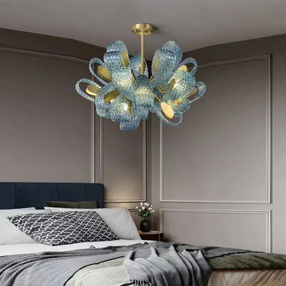 DecorBites™ LED Art Deco Blue Peacock Leaf Copper Ceiling Chandelier for Living Room