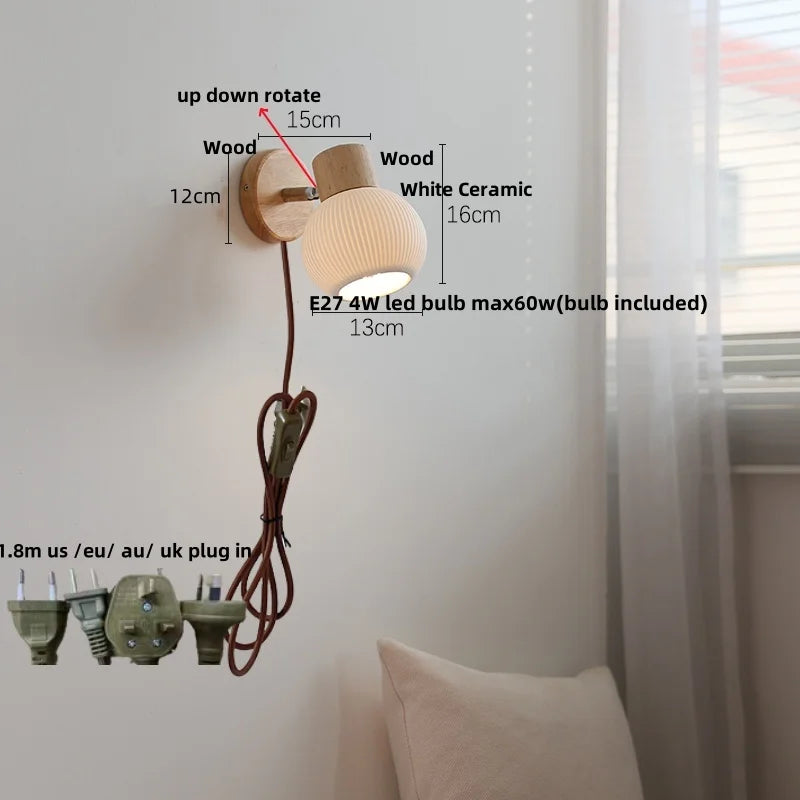 DecorBites™ Ceramic LED Wall Lights with Pull Chain Switch, Modern Wood Base Bedside Lamp