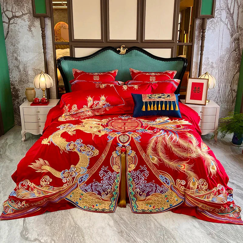 Afralia Luxury Gold Loong Phoenix Embroidery Bedding Set, 1000TC Egyptian Cotton