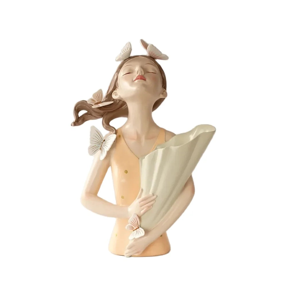 DecorBites™ Estatua de niña mariposa rosa de 30 cm en jarrón, figura decorativa moderna de resina para el hogar