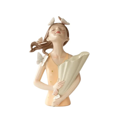DecorBites™ Estatua de niña mariposa rosa de 30 cm en jarrón, figura decorativa moderna de resina para el hogar