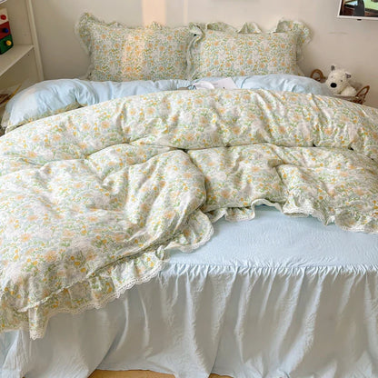 Decobites Korean Lace Ruffles Bedding Set with Bed Skirt, Soft Skin-Friendly Material