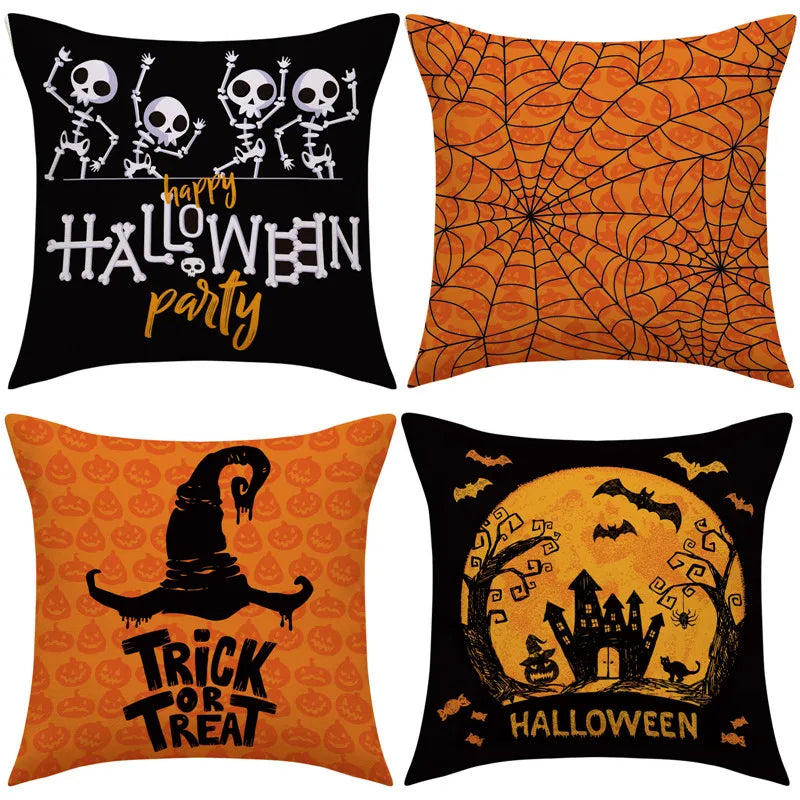 Decorbites™ Halloween-Kissenbezug-Set – Festive Bezüge für Sofakissen mit Druck von Kürbis, Katze und Hexenhut.