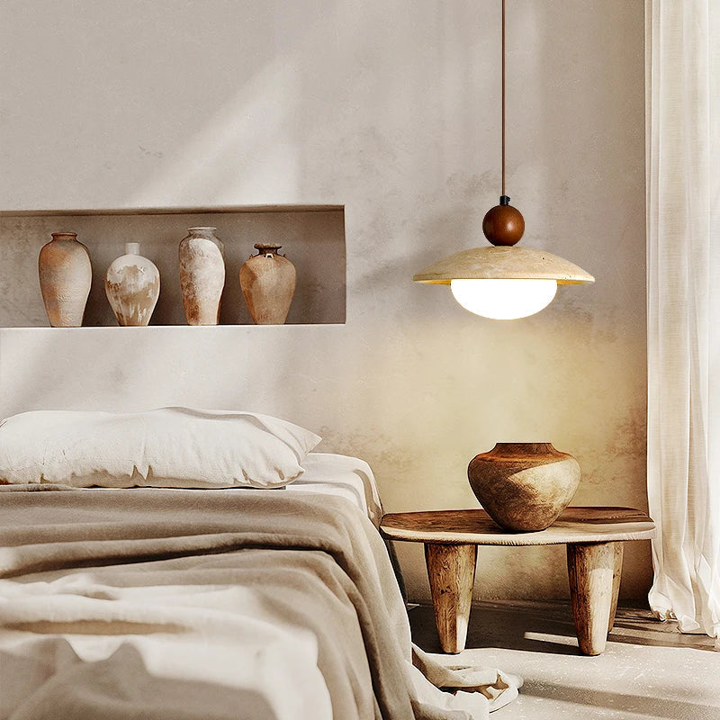 DecorBites™ Globe LED Pendant Light Yellow Travertine Stone White Glass Adjust Hang Lamp