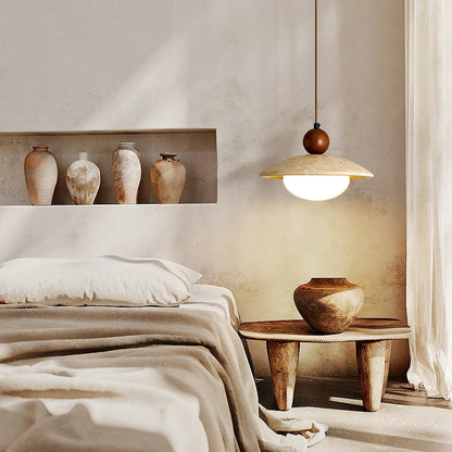 DecorBites™ Globe LED Pendant Light Yellow Travertine Stone White Glass Adjust Hang Lamp