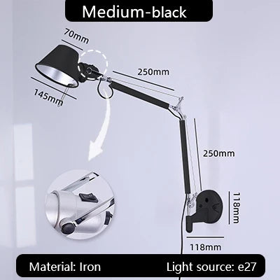 DecorBites™ Industrial Black Silver Swing Arm Wall Lamp - Rotatable Miniature Table Lamp E27