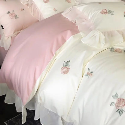 Decobites Rose Flowers Cotton Lace Ruffles Wedding Bedding Set