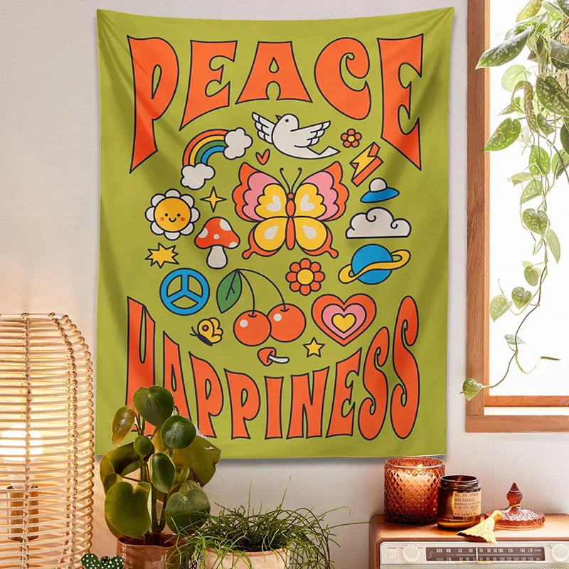 Decobites Hippie Trippy Tapestry: Flower Peace Happiness Butterfly Rainbow Sun Wall Decor