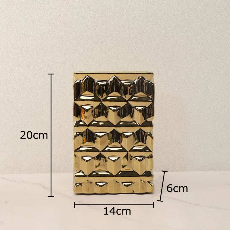 DecorBites™ Golden Square Ceramic Vase with Artificial Flowers for Room Aesthetic Decor