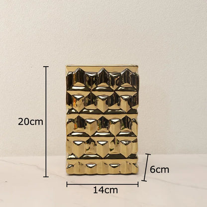 DecorBites™ Golden Square Ceramic Vase with Artificial Flowers for Room Aesthetic Decor