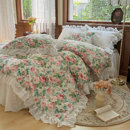 Decobites Floral Print Cotton Princess Bedding Set with Vintage Lace Details