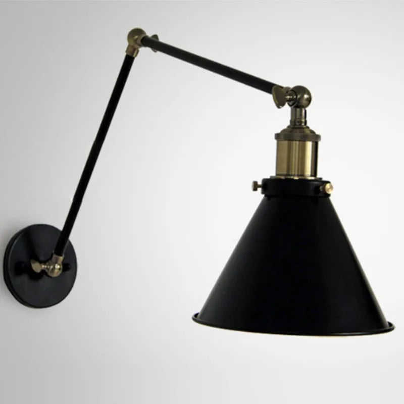 Lámpara de pared ajustable DecorBites™ con pantalla de paraguas negra, ideal para cafeterías, estudios y salas de estar.