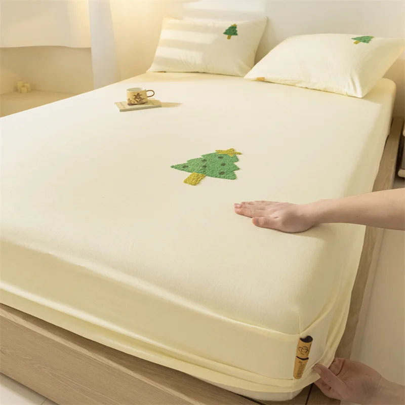 DecorBites™ Cartoon Embroidered Fitted Sheet Single Bed Cover, 100% Cotton, All Seasons, Anti-Slip