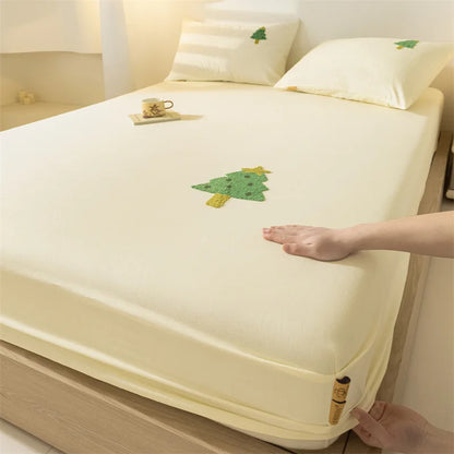 DecorBites™ Cartoon Embroidered Fitted Sheet Single Bed Cover, 100% Cotton, All Seasons, Anti-Slip